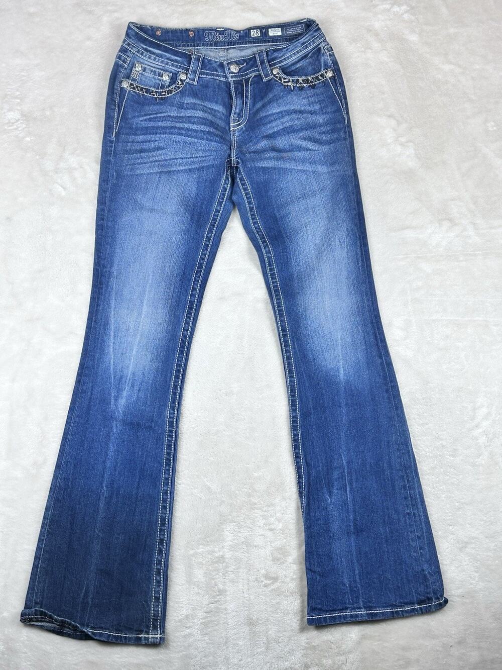 Miss Me Jeans Womens 28x34 Blue Relaxed Boot Rhinestones 5 Pockets Low rise Logo